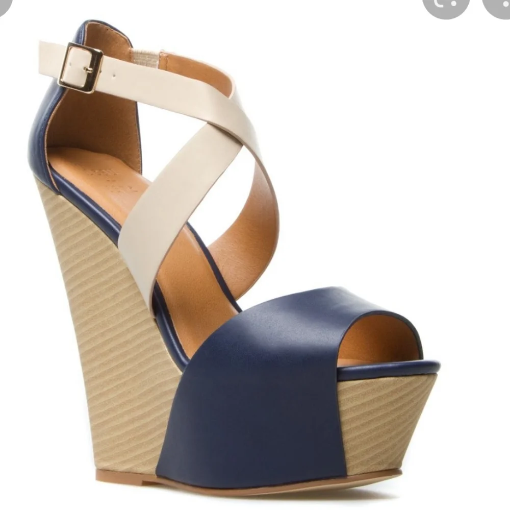 Beau & Ashe Bold High Wedge Leather Colorblock Strappy Minimalist Sandals 8.5